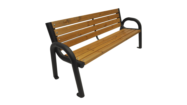 Holzbank mit Rückenlehne für den Garten auf weißem Hintergrund