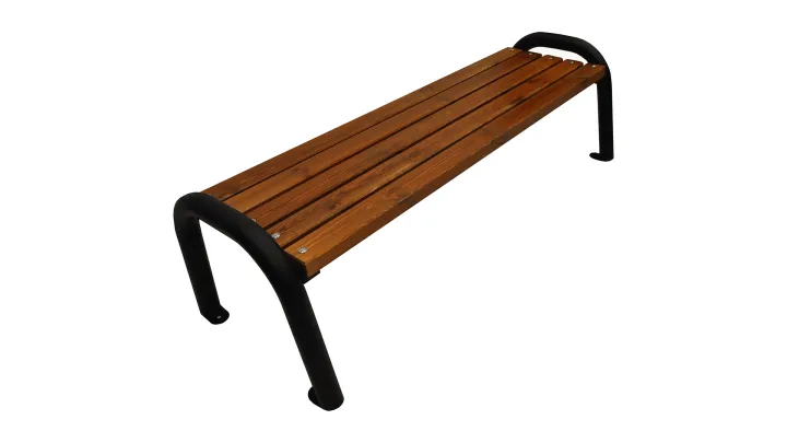 Gartenbank ohne Rückenlehne mit Metallbeinen auf weißem Hintergrund