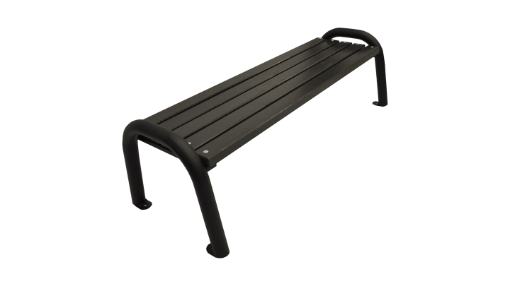 Gartenbank ohne Rückenlehne mit Metallbeinen auf weißem Hintergrund